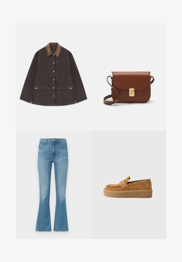 Rudas švarkas su pūkinėmis apykaklėmis, auksinės spalvos detalėmis, dviem priekinėmis kišenėmis ir mygtukų uždarymu. Pagamintas iš strukturizuotos, ilgaamžės medžiagos.; Grietos spalvos megztinis su apykakle, ilgomis rankovėmis ir gilesnėmis akcentais ant rankovių ir apatinės dalies. Minkšta, švelni tekstūra.; Šviesiai mėlynos plačios džinsinės kelnės, pagamintos iš denimo, su aukštu liemeniu, penkių kišenių dizainu, minimalistiniu siuvinėjimu ir išblukusiu apdailos kraštu.; Rudos suedinės loafer tipo bateliai su apvaliu pirštu, turintys raukšlėtą platformos padą ir dekoratyvinę juostą per viršutinę dalį.; Ruda odinė rankinė su uždaromu dangteliu, aukso spalvos detalėmis, petneša ir lygiu paviršiumi. Kompaktiška stačiakampio formos.