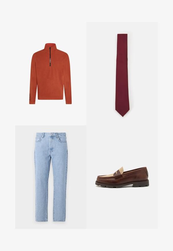 Blazer a scacchi marrone con rever a lancia, due bottoni e tasche frontali. Tessuto testurizzato con una fodera interna liscia.; Pullover in pile arancione con zip a metà davanti. Presenta un alto colletto e un dettaglio del logo sul maniche. Tessuto morbido e testurizzato. Maniche lunghe.; Jeans in denim azzurro chiaro con un design a gamba dritta, cinque tasche e chiusura con bottone. Texture morbida con una finitura sbiadita classica.; Mocassini in pelle marrone con accentuazione in tela taupe, dettaglio cucito e suola in gomma testurizzata progettata per comfort e durata.; Cravatta in seta borgogna, forma stretta con una consistenza uniforme. Presenta una punta appuntita, un colore consistente e una finitura liscia.