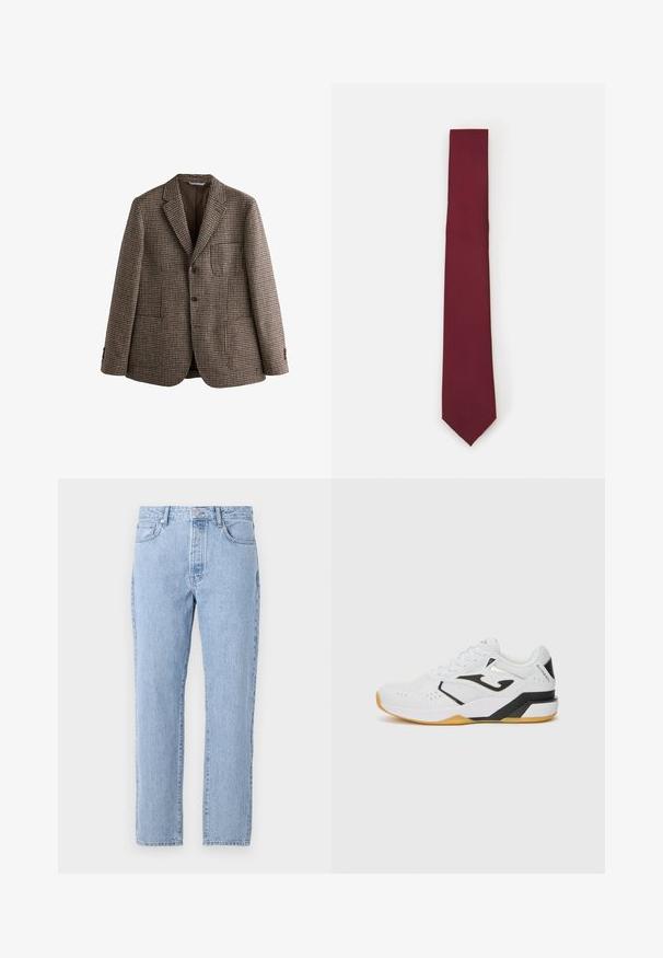 Barna hounds-tooth mintás zakó, nyakkivágással, két gombbal és elülső zsebekkel. Texturált anyag sima bélés béleléssel.; Fehér, hosszú ujjú, gombos ing, sima anyagból készült. Klasszikus nyakkal, elöl gombokkal és egy gombos mandzsettával rendelkezik. Slim fit fazon.; Világoskék denim farmernadrág, egyenes szárakkal, öt zsebbel és gombos zárással. Puha tapintású, klasszikus, megfakult megjelenéssel.; Fehér sportcipő fekete kiegészítőkkel, texturált hálós felsőrésszel, légáteresztő perforációkkal, vastag gumitalppal és fűzős kialakítással.; Burgundi selyem nyakkendő, keskeny forma, egységes textúrával. Hegyes csúccsal, folyamatos színnel és sima felülettel rendelkezik.