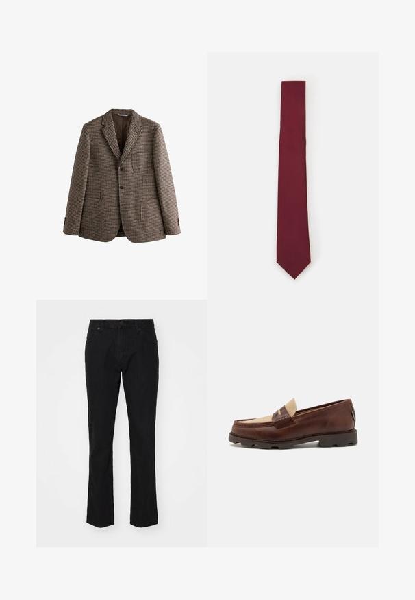 Blazer marrón de patrón de espiga con solapas de muesca, dos botones y bolsillos frontales. Tejido texturizado con un forro interior suave.; Camisa blanca de manga larga con botones, hecha de una tela suave. Presenta un cuello clásico, botones frontales y puños con un solo botón. Diseño ajustado.; Vaqueros de mezclilla negra con un diseño de pierna recta, estilo clásico de cinco bolsillos y cierre de botón en la cintura. Textura suave, detalles mínimos.; Mocasines de cuero marrón con un acento de lienzo topo, detalle de costura y una suela de goma texturizada diseñada para comodidad y durabilidad.; Corbata de seda burdeos, de forma estrecha y con una textura lisa. Presenta una punta afilada, un color uniforme y un acabado suave.
