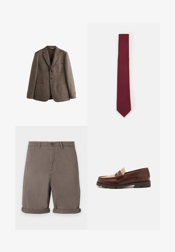 Blazer en pied-de-poule marron avec revers crantés, deux boutons et poches avant. Tissu texturé avec une doublure intérieure lisse.; Chemise blanche à manches longues avec boutons, fabriquée dans un tissu lisse. Dotée d'un col classique, de boutons sur le devant et de poignets à un bouton. Design ajusté.; Shorts en coton marron avec une coupe droite, dotés d'une fermeture à bouton et de revers roulés. Texture lisse, sans motifs ni accents visibles.; Mocassins en cuir marron avec une touche en toile taupe, détails cousus et semelle en caoutchouc texturé, conçue pour le confort et la durabilité.; Cravate en soie bordeaux, de forme étroite avec une texture solide. Présente une pointe aiguisée, une couleur uniforme et une finition lisse.