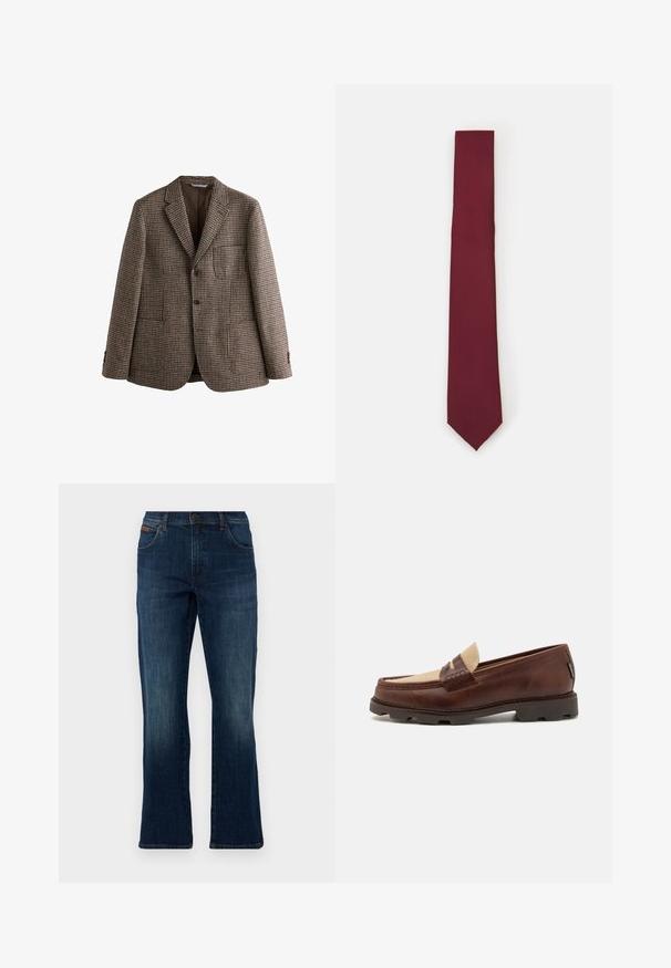 Blazer marrón de patrón de espiga con solapas de muesca, dos botones y bolsillos frontales. Tejido texturizado con un forro interior suave.; Camisa blanca de manga larga con botones, hecha de una tela suave. Presenta un cuello clásico, botones frontales y puños con un solo botón. Diseño ajustado.; Jeans de mezclilla azul oscuro de corte acampanado con diseño de cinco bolsillos, cierre frontal con botones y un ligero desgaste en los muslos para variar la textura.; Mocasines de cuero marrón con un acento de lienzo topo, detalle de costura y una suela de goma texturizada diseñada para comodidad y durabilidad.; Corbata de seda burdeos, de forma estrecha y con una textura lisa. Presenta una punta afilada, un color uniforme y un acabado suave.