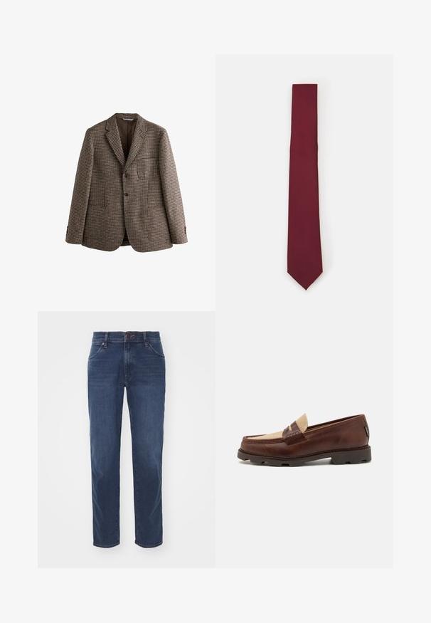 Blazer marrón de patrón de espiga con solapas de muesca, dos botones y bolsillos frontales. Tejido texturizado con un forro interior suave.; Camisa blanca de manga larga con botones, hecha de una tela suave. Presenta un cuello clásico, botones frontales y puños con un solo botón. Diseño ajustado.; Vaqueros de mezclilla de color azul oscuro, con un diseño de piernas rectas, estilo clásico de cinco bolsillos y cierre de botón en la cintura.; Mocasines de cuero marrón con un acento de lienzo topo, detalle de costura y una suela de goma texturizada diseñada para comodidad y durabilidad.; Corbata de seda burdeos, de forma estrecha y con una textura lisa. Presenta una punta afilada, un color uniforme y un acabado suave.