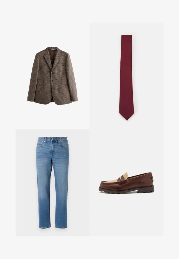 Blazer maro cu tip houndstooth, cu revere în formă de dop, două butoane și buzunare frontale. Material texturat cu o captuseală interioară netedă.; Camasa albă cu mâneci lungi, cu nasturi, confecționată dintr-un material neted. Dispune de un guler clasic, nasturi pe față și manșete cu un singur nasture. Design ajustat.; Jeans din denim de culoare albastru deschis, cu o croială dreptă, design cu cinci buzunare, închidere cu nasture și cusături contrastante de-a lungul cusăturilor.; Loaferi din piele maro cu un accent din pânză taupe, detalii cusute și o talpă din cauciuc texturat, proiectați pentru confort și durabilitate.; Cravat din mătase burgundă, cu formă îngustă și textură uniformă. Prezintă o vârf ascuțit, o culoare constantă și un finisaj neted.