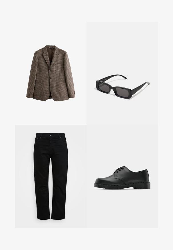 Brūna houndstooth žakete ar ieliektām lāpām, diviem pogām un priekšējiem kabatām. Strukturēta auduma ar gludu iekšējo odere.; Balta gara piedurkņu pogājamā krekls, kas izgatavots no gludas auduma. Iezīmē klasiskās apkakles, priekšējās pogas un pogturi ar vienu pogu. Šaura piegriezuma dizains.; Melnas džinsas, izgatavots no kokvilnas, ar klasisko piegriezumu, piecu kabatu dizainu un metāla pogas aizdari. Gluda tekstūra ar taisnām kājām.; Melnas ādas oksfordas kurpes ar auklošanas dizainu, noapaļota purngala, plakana gumijas zole un smalka šuvumu detaļa augšējā daļā.; Melnas taisnstūrveida saulesbrilles ar tumšiem stikliem, spīdīga apdare, platas kājas un masīvs rāmja dizains. Uz vienas kājas ir iegravēts zīmola nosaukums.; Burgundijas zīda kaklasaites, šaura forma ar vienmērīgu faktūru. Satur smailu galu, vienmērīgu krāsu un gludu apdari.