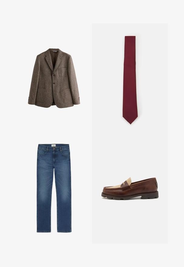 Rjav blejzer v houndstooth vzoru z izrezanimi klapami, dvema gumboma in sprednjimi žepi. Teksturovana tkanina z gladko notranjo podlogo.; Bela srajca z dolgimi rokavi in gumbi, izdelana iz gladkega materiala. Ima klasičen ovratnik, sprednje gumbke in manšete z enim gumbom. Oblika je ozka.; Temno modri traper hlače s ravnim krojem, petimi žepi in vidnim šivom. Imajo sprednji gumb in zadrgo.; Rjave usnjene loafers čevlje s taupe platnenim dodatkom, šivanim detajlom in teksturiranim gumijastim podplatom, zasnovani za udobje in vzdržljivost.; Burgundska svila kravata, ozka oblika z enotno teksturo. Ima koničast vrh, dosledno barvo in gladko površino.