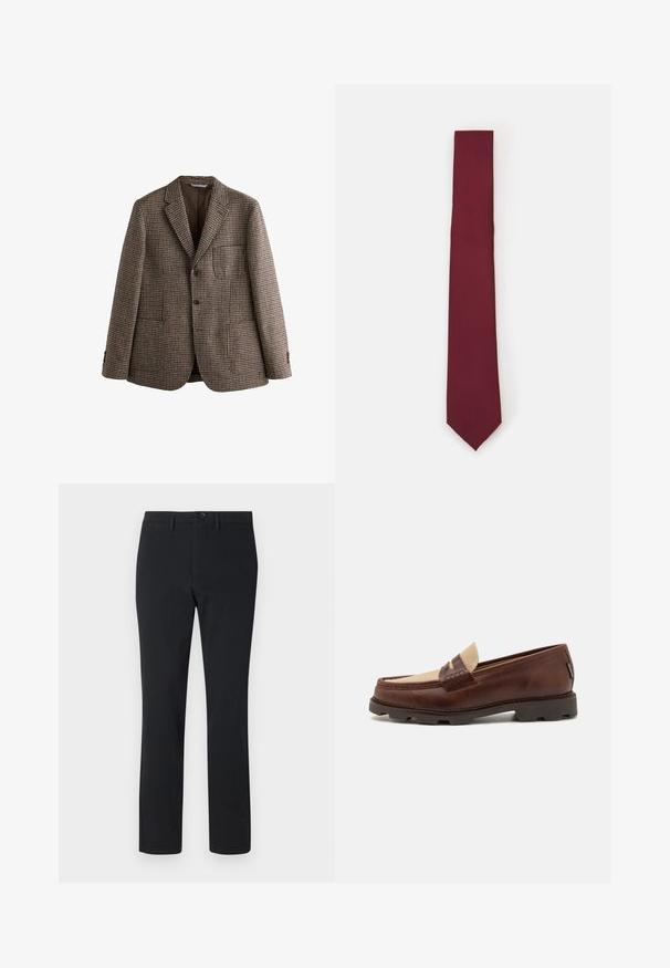 Brązowy blazer w kratę houndstooth z klapami, dwoma guzikami i przednimi kieszeniami. Teksturowany materiał z gładką podszewką.; Biała, długosleeve koszula zapinana na guziki, wykonana z gładkiego materiału. Posiada klasyczny kołnierzyk, guziki z przodu oraz mankiety zapinane na jeden guzik. Slim fit.; Czarne proste spodnie wykonane z gładkiego materiału. Posiadają zapięcie na guzik z przodu, szlufki na pasek oraz dwie boczne kieszenie.; Brązowe skórzane mokasyny z taupe'owym akcentem z płótna, przeszyciami i teksturowaną gumową podeszwą zaprojektowaną dla komfortu i trwałości.; Burgundzka jedwabna krawat, wąski kształt z gładką teksturą. Posiada spiczasty koniec, jednolitą kolorystykę i gładkie wykończenie.