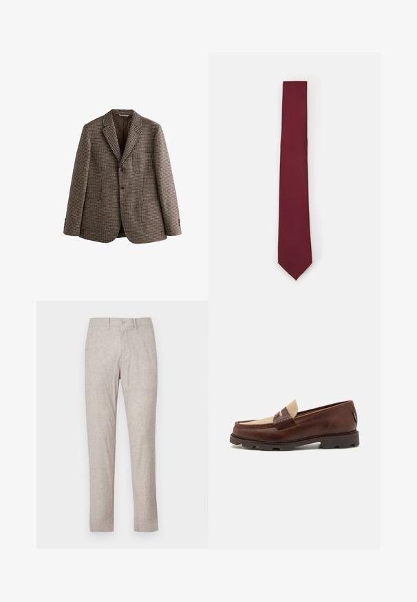 Brun houndstooth blazer med notch-lapel, to knapper og forlommer. Tekstureret stof med en glat inderside.; Hvid langærmet skjorte med knapper lavet af glat stof. Har en klassisk krave, frontknapper og manchetter med en enkelt knap. Slim fit design.; Beige linnedragt med lige snit, med knaplukning, forlommer og uden synlige mønstre eller pynt.; Brune læder loafers med en taupe canvas detalje, syet pynt og en tekstureret gummisål, der er designet til komfort og holdbarhed.; Bordeaux silk slips, smal form med en ensartet tekstur. Har en spids spids, ensartet farve og glat overflade.