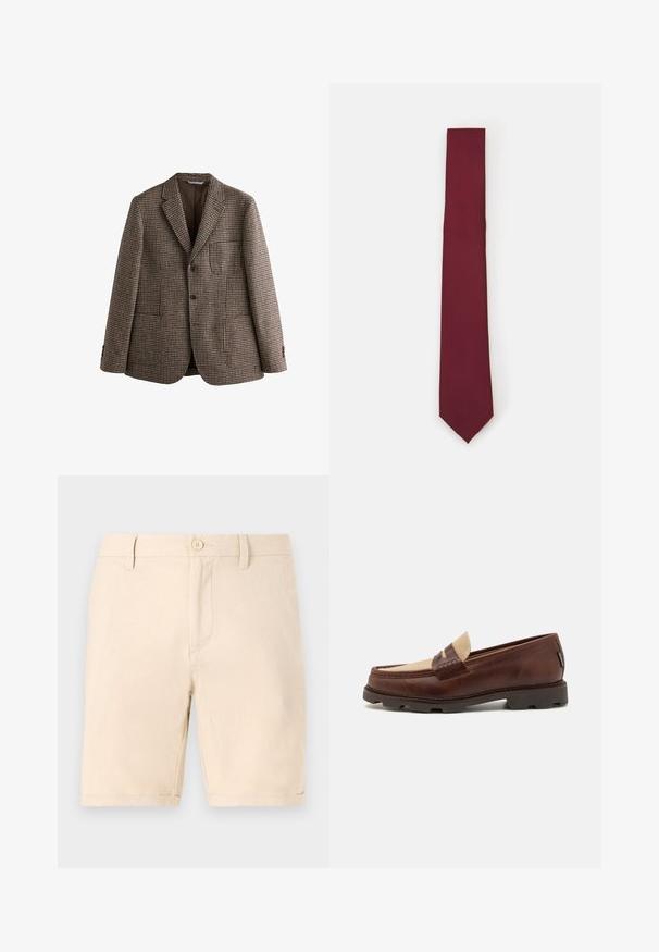 Brūna houndstooth žakete ar ieliektām lāpām, diviem pogām un priekšējiem kabatām. Strukturēta auduma ar gludu iekšējo odere.; Balta gara piedurkņu pogājamā krekls, kas izgatavots no gludas auduma. Iezīmē klasiskās apkakles, priekšējās pogas un pogturi ar vienu pogu. Šaura piegriezuma dizains.; Bežīgas kokvilnas šorti ar plakanu priekšpusi, vienu pogu aizdari un uzpūstiem galiem. Iezīmē sānu kabatas un gludu tekstūru.; Brūni ādas loafers ar pelēkā kanvas akcentu, stitch detail un teksturētu gumijas zoli, kas paredzēta komfortam un izturībai.; Burgundijas zīda kaklasaites, šaura forma ar vienmērīgu faktūru. Satur smailu galu, vienmērīgu krāsu un gludu apdari.