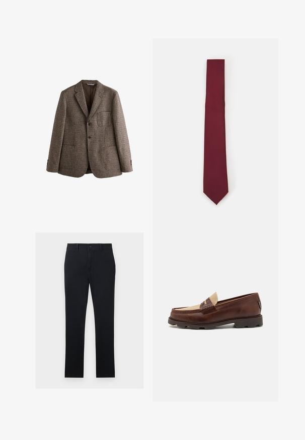 Pruun houndstooth säbraga bleiser, millel on altiklapid, kaks nuppu ja eespool taskud. Tekstureeritud kangas sujuva sisekattega.; Valge pikkade varrukatega nööbiga särk, mis on valmistatud siledast kangast. Omab klassikalist kraed, esipaneeli nuppe ja ühe nööbiga mansette. Kitsas lõige.; Mustad puuvillakangast mustad chinos, sirgete Jalgadega, esine nupuga kinnitamine ja kaks küljetaskut. Sile tekstuur, minimaalne detailitus.; Pruunist nahast loaferid taupe-kangasaktsentiga, õmmeldud detailide ja tekstuurse kummitaldiga, mis on loodud mugavuse ja vastupidavuse tagamiseks.; Burgundia siidist lips, kitsas kuju ühtlase tekstuuriga. Omab teravat otst, ühtlast värvi ja siledat viimistlust.