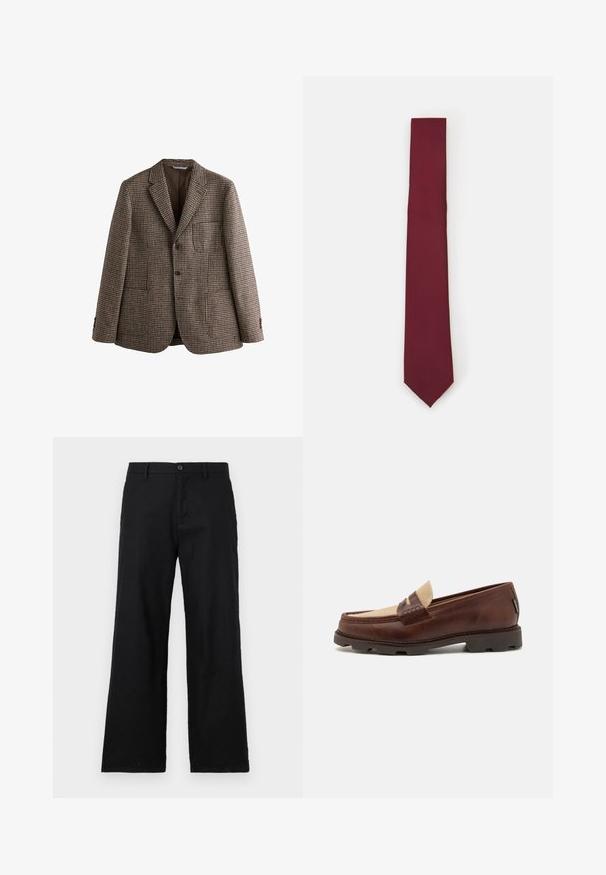 Brauner Hahnentritt-Blazer mit Reverskragen, zwei Knöpfen und Fronttaschen. Strukturierter Stoff mit glatter Innenausstattung.; Weißes langärmeliges Hemd mit Knopfleiste aus glattem Stoff. Verfügt über einen klassischen Kragen, eine durchgehende Knopfleiste und Ein-Knopf-Manschetten. Figurbetonter Schnitt.; Schwarze Gerade-Hosen aus Baumwolle, mit Knopfverschluss und Gürtelschlaufen. Glatte Textur ohne sichtbare Muster oder Akzente.; Braune Lederloafer mit einem taupefarbenen Canvas-Akzent, genähten Details und einer strukturierten Gummisohle, die für Komfort und Langlebigkeit ausgelegt ist.; Bordeauxfarbene Seidenkrawatte, schmale Form mit einheitlicher Textur. Merkmale sind eine spitze Spitze, gleichmäßige Farbe und glatte Oberfläche.