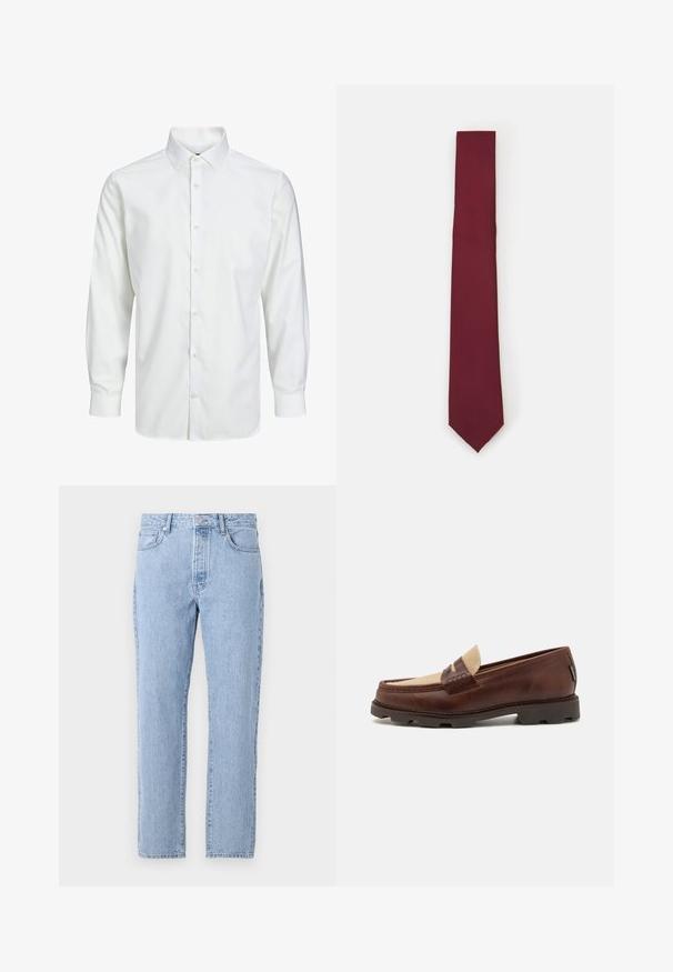 Barna hounds-tooth mintás zakó, nyakkivágással, két gombbal és elülső zsebekkel. Texturált anyag sima bélés béleléssel.; Fehér hosszú ujjú gombos ing, sima anyagból készült, klasszikus gallérral, elöl gombos rakással és gombos mandzsettákkal.; Világoskék denim farmernadrág, egyenes szárakkal, öt zsebbel és gombos zárással. Puha tapintású, klasszikus, megfakult megjelenéssel.; Barna bőr loafer cipők taupe vászon díszítéssel, varrott részletekkel és texturált gumi talppal, amely a kényelemről és tartósságról gondoskodik.; Burgundi selyem nyakkendő, keskeny forma, egységes textúrával. Hegyes csúccsal, folyamatos színnel és sima felülettel rendelkezik.
