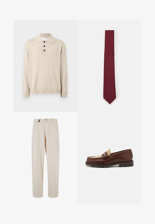 Pruun houndstooth säbraga bleiser, millel on altiklapid, kaks nuppu ja eespool taskud. Tekstureeritud kangas sujuva sisekattega.; Beige kudumiga pullover, millel on krae, kolm musta nuppu ja ribilisest äärestamine varsides ja allääres. Pehme tekstuur ja vabalt langev disain.; Beige puuvillased püksid sirge säärega disainiga, millel on esipocketid ja nööbi kinnitamine. Sile tekstuur ja minimaalne kaunistus.; Pruunist nahast loaferid taupe-kangasaktsentiga, õmmeldud detailide ja tekstuurse kummitaldiga, mis on loodud mugavuse ja vastupidavuse tagamiseks.; Burgundia siidist lips, kitsas kuju ühtlase tekstuuriga. Omab teravat otst, ühtlast värvi ja siledat viimistlust.
