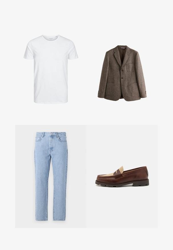 Rudas houndstooth bleiseris su įpjovomis atlapais, dviem mygtukais ir priekinėmis kišenėmis. Tekstūruota medžiaga su glotnia vidaus pamušalu.; Apvalaus kaklo trumpomis rankovėmis marškinėliai vientisos baltos spalvos, pagaminti iš minkštos medvilnės, turi paprastą dizainą be matomų raštų ar akcentų.; Šviesiai mėlyni džinsai su tiesiomis kojomis, penkiais kišenėmis ir mygtukų užsegimu. Minkšta tekstūra su klasikinio blukimo apdaila.; Rudi odiniai loafers su taupe audinio akcentu, siuvinėta detalė ir tekstūruota gumine padu, sukurta komfortui ir ilgaamžiškumui.