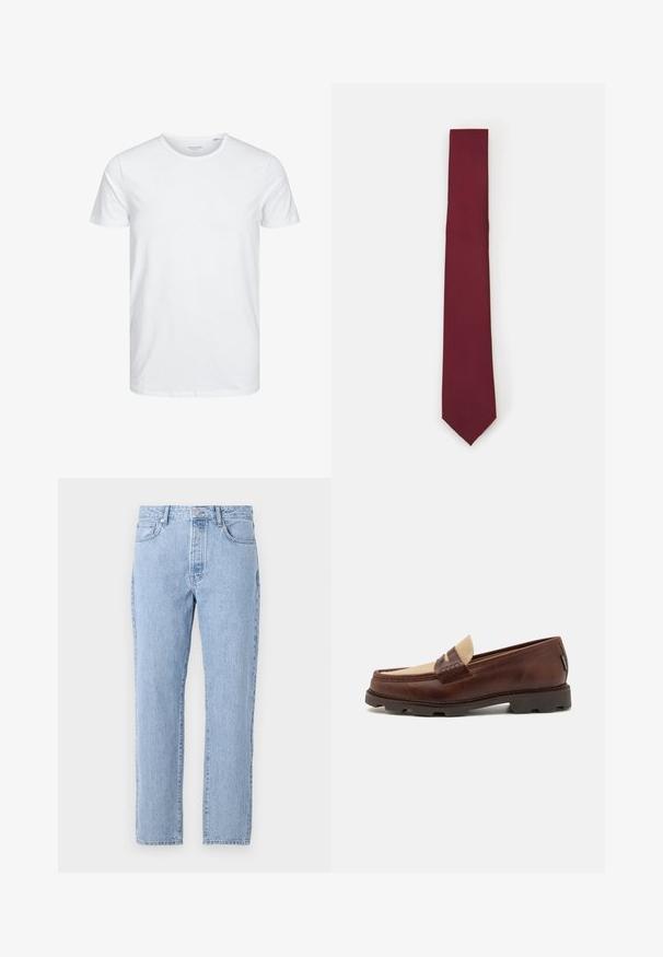 Brown houndstooth blazer with notch lapels, two buttons, and front pockets. Textured fabric with a smooth inner lining.; Round-neck short-sleeve t-shirt in solid white, made of soft cotton, features a simple design with no visible patterns or accents.; Light blue denim jeans with a straight-leg design, five pockets, and a button-fly closure. Soft texture with a classic faded finish.; Brown leather loafers with a taupe canvas accent, stitched detail, and a textured rubber sole designed for comfort and durability.; Burgundy silk tie, narrow shape with a solid texture. Features a pointed tip, consistent color, and smooth finish.