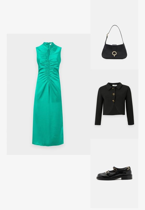 Schwarze, cropped Jacke mit rundem Kragen, vier quadratischen Knöpfen mit goldenen Akzenten und langen Ärmeln, aus einem glatten Stoff gefertigt.; Ärmelloses teal-farbenes Satin-Kleid mit Cut-out-Ausschnitt und gerafften Details an der Brust und der Mitte, ausgestattet mit einem Reißverschluss im Rücken und einem geraden Saum.; Schwarze Lederschuhe mit Broguedetails, ausgestattet mit zwei Schnallenriemen, einer abgerundeten Zehenpartie und einem flachen Absatz. Glatte Textur mit glänzendem Finish.; Schwarze Ledertasche mit einer geschwungenen Silhouette, kurzer Tragriemen, zentralem goldfarbenem Hardware und glatter Textur. Keine sichtbaren Muster oder Akzente.