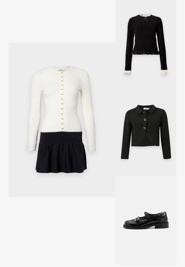 Giacca nera corta con colletto rotondo, quattro bottoni quadrati con dettagli dorati e maniche lunghe, realizzata in un tessuto liscio.; Maglietta nera a maniche lunghe con tessuto testurizzato, orlo arricciato e accenti di ruffles bianchi al colletto e ai polsini. Presenta una chiusura centrale con anello.; Cardigan bianco a coste con maniche lunghe e bottoni dorati, abbinato a una gonna nera svasata con un girovita aderente.; Scarpe in pelle nera con dettagli brogue, dotate di due cinturini con fibbia, punta arrotondata e tacco basso. Texture liscia con finitura lucida.