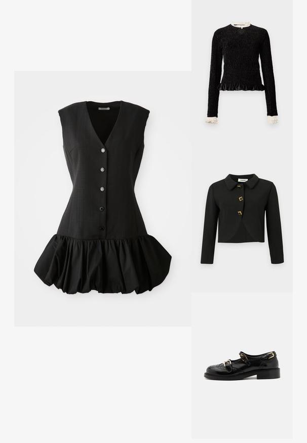 Giacca nera corta con colletto rotondo, quattro bottoni quadrati con dettagli dorati e maniche lunghe, realizzata in un tessuto liscio.; Maglietta nera a maniche lunghe con tessuto testurizzato, orlo arricciato e accenti di ruffles bianchi al colletto e ai polsini. Presenta una chiusura centrale con anello.; Abito nero senza maniche con scollatura a V profonda, apertura con bottoni e orlo arricciato. Realizzato in tessuto liscio con busto strutturato e texture morbida.; Scarpe in pelle nera con dettagli brogue, dotate di due cinturini con fibbia, punta arrotondata e tacco basso. Texture liscia con finitura lucida.