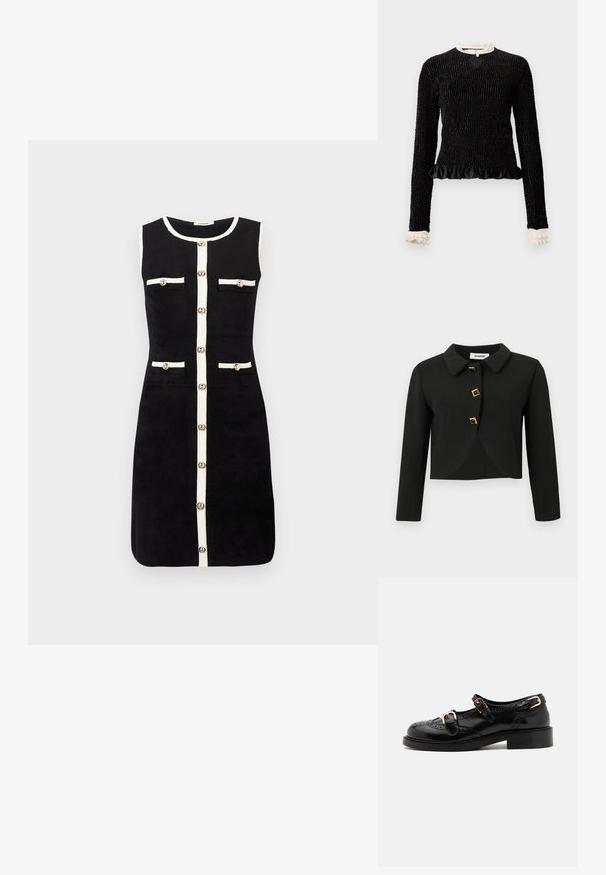 Must must jacket ümmarguste kaelustega, nelja ruudukujulise nupuga kuldsete aksentidega ja pikkade varrukatega, valmistatud siledast kangast.; Must mustriga mustega, tekstuuriga kanga, volangäärtega ja valgete volangakinnitustega kaeluses ja varrukates. Omab keskel aasakinnitust.; Must mustrida kleit, millel on sirge lõige, valged ääred, neli esikäe taskut nuppudega ning keskel nuppudega sulgemine.; Mustal nahast kingad brogue-tekstiiliga, millel on kaks pandla rihma, ümar varvas ja madal konts. Sujuv tekstuur ja läikiv viimistlus.