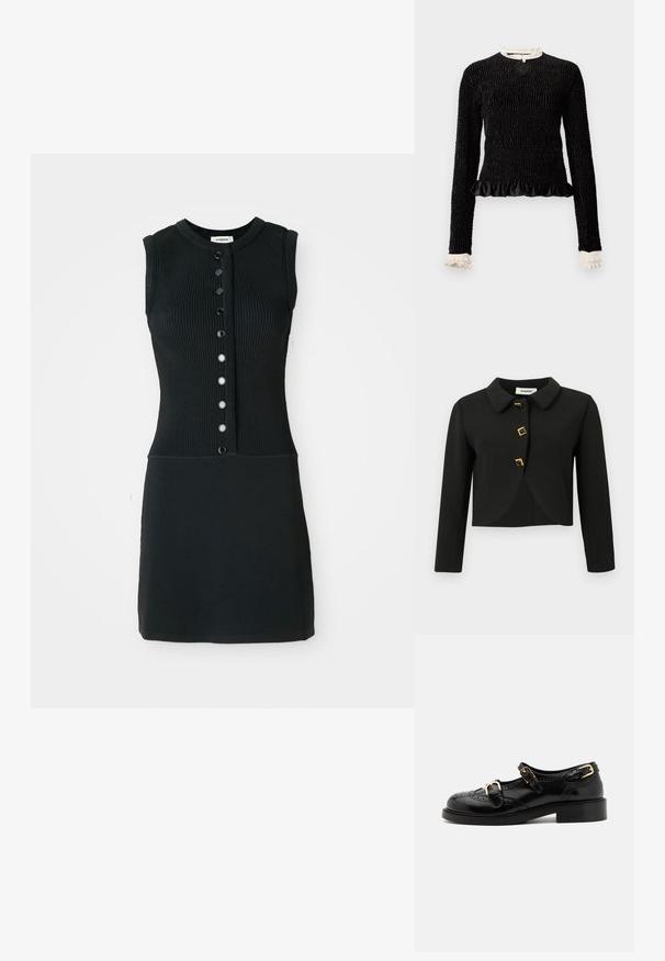 Melnā lietotā jakas ar noapaļotu apkakli, četriem kvadrātveida pogām ar zeltītām akcentiem un gariem piedurknēm, izgatavota no gludas auduma.; Melnas garām piedurknēm blūze ar teksturētu audumu, viļņotu apakšmalu un baltajiem viļņotajiem akcentiem apkaklē un piedurkņu galos. Iekļauj centrālo aplokšņu aizdari.; Melnas ribotas adīta bezruļļu kleita ar apaļu kakla izgriezumu, ar sešu melnu pogu priekšu un pieguļošu siluetu.; Melnas ādas kurpes ar brogue detaļām, ar diviem sprādžu siksnām, noapaļotu purngalu un zemu papēdi. Gluda tekstūra ar spīdīgu apdari.