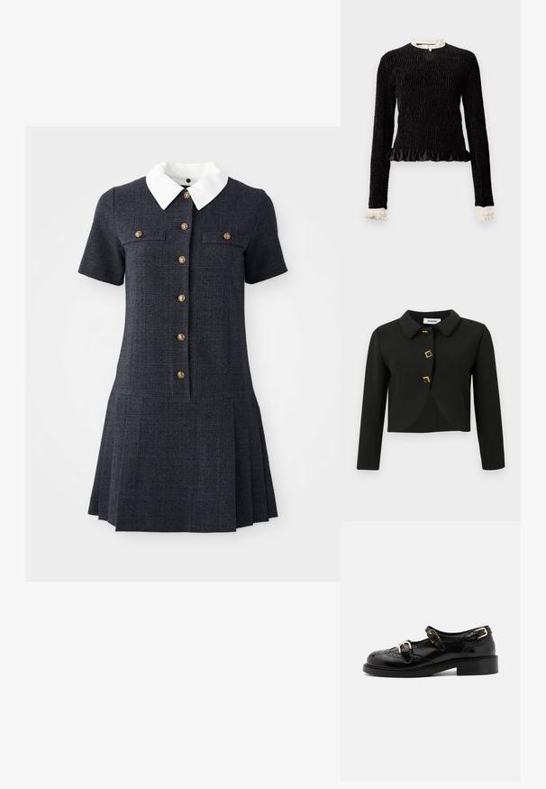 Giacca nera corta con colletto rotondo, quattro bottoni quadrati con dettagli dorati e maniche lunghe, realizzata in un tessuto liscio.; Maglietta nera a maniche lunghe con tessuto testurizzato, orlo arricciato e accenti di ruffles bianchi al colletto e ai polsini. Presenta una chiusura centrale con anello.; Abito a quadri navy con maniche corte, colletto bianco e cinque bottoni dorati. Il design della gonna plissettata aggiunge texture e contrasto.; Scarpe in pelle nera con dettagli brogue, dotate di due cinturini con fibbia, punta arrotondata e tacco basso. Texture liscia con finitura lucida.