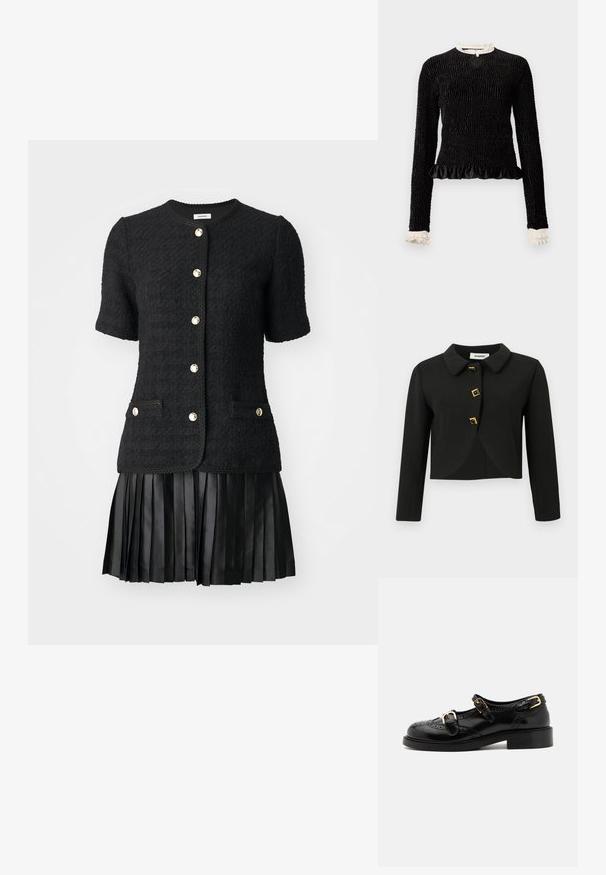 Sort cropped jakke med en rund krave, fire firkantede knapper med guld detaljer og lange ærmer, lavet af et glat stof.; Sort langærmet top med struktureret stof, flæset kant og hvide flæsede detaljer ved kraven og manchetterne. Har en centralt loopet lukning.; sandro ISABEL - Hverdagskjole - black; Sorte lædersko med brogue-detaljer, der har to spænder, rund tå og lav hæl. Glat tekstur med blank finish.
