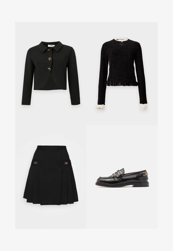 Jachetă croppată neagră cu guler rotund, patru nasturi pătrați cu accente aurii și mâneci lungi, realizată dintr-un material neted.; Top negru cu mâneci lungi, dintr-un material texturat, cu un tiv ondulat și accente din volan alb la guler și manșete. Prezintă o închidere centrală cu bucle.; Fustă plisată neagră cu accente din metal aurit. Prezintă buzunare laterale cu detalii ale logo-ului, realizată dintr-un material neted. Siluetă în formă de A.; sandro Pantofi slip-on - noir