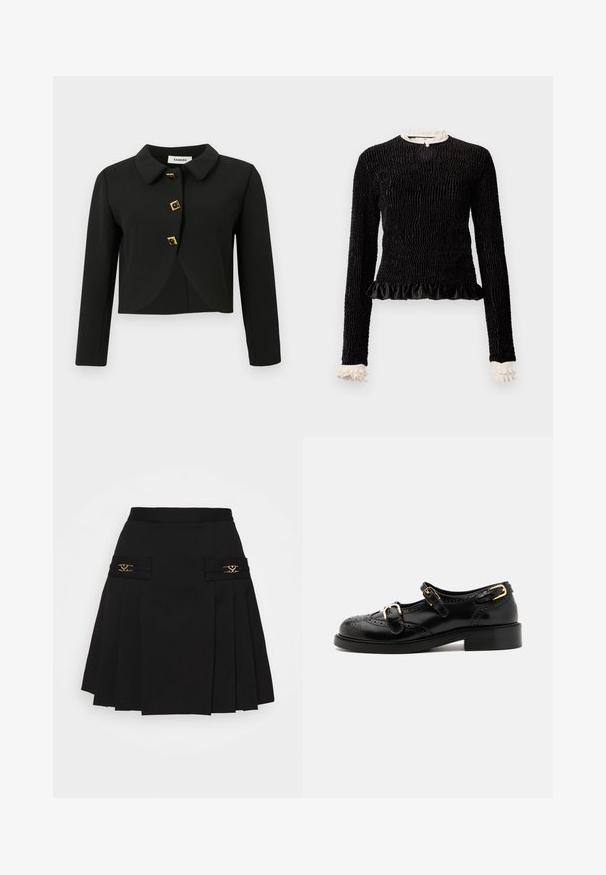 Čierna skrátená bunda s okrúhlym golierom, štyrmi štvorcovými gombíkmi so zlatými akcentmi a dlhými rukávmi, vyrobená z hladkej tkaniny.; Čierny dlhý rukáv top s textúrovanou tkaninou, riaseným lemom a bielymi riasenými akcentmi na golieri a manžetách. Obsahuje centrálny uzáver na slučku.; Čierna plisovaná sukňa so zlatými kovovými detailmi. Obsahuje bočné vrecká s logom, vyrobená z hladkého materiálu. A-línie silueta.; Čierne kožené topánky s brogue detailami, vybavené dvoma prackami, zaoblenou špičkou a nízkym podpätkom. Hladká textúra s lesklým povrchom.