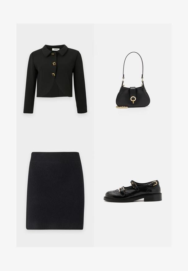 Czarna krótka kurtka z okrągłym kołnierzem, czterema kwadratowymi guzikami z złotymi akcentami oraz długimi rękawami, wykonana z gładkiego materiału.; Czarny top z długim rękawem, z teksturowanej tkaniny, z falbaną na dolnym brzegu oraz białymi falbankami przy kołnierzyku i mankietach. Posiada centralne zapięcie na pętelkę.; Czarna dzianinowa spódnica o prostym kroju. Posiada szeroki, prążkowany pas i teksturowane wykończenie, idealna na codzienne noszenie.; Czarne skórzane buty z detalami brogu, z dwoma klamrami, okrągłym noskiem i niskim obcasem. Gładka tekstura z błyszczącym wykończeniem.; sandro - Torebka