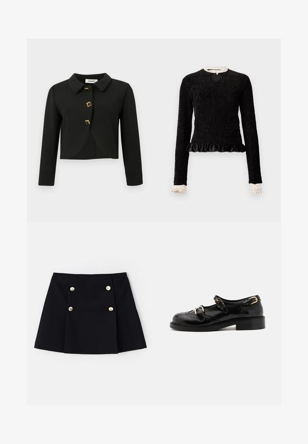 Schwarze, cropped Jacke mit rundem Kragen, vier quadratischen Knöpfen mit goldenen Akzenten und langen Ärmeln, aus einem glatten Stoff gefertigt.; Schwarzes Langarmoberteil aus strukturiertem Stoff mit gerafftem Saum und weißen Rüschendetails am Kragen und an den Ärmeln. Verfügt über einen zentralen Schlaufenverschluss.; Schwarzer Minirock aus flexiblem Stoff, mit zwei goldenen Knöpfen vorne, Faltenlegung und geradem Saum.; Schwarze Lederschuhe mit Broguedetails, ausgestattet mit zwei Schnallenriemen, einer abgerundeten Zehenpartie und einem flachen Absatz. Glatte Textur mit glänzendem Finish.