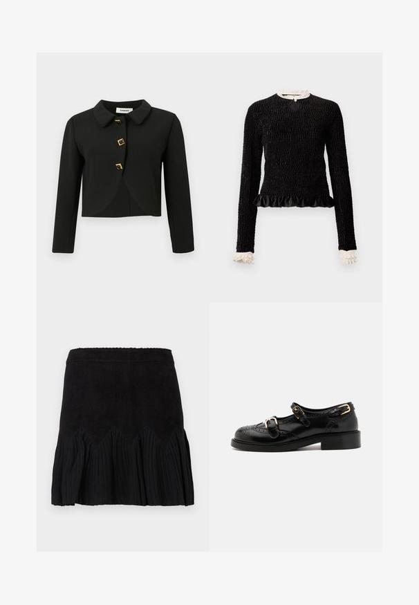 Črna skrajšana jakna z zaobljenim ovratnikom, štirimi kvadratnimi gumbi z zlatimi akcenti in dolgimi rokavi, izdelana iz gladkega blaga.; Črn dolg rokav vrh z teksturirano tkanino, nabranim robom in belimi nabranimi poudarki na ovratniku in manšetah. Ima osrednji zanka zapiranje.; Črna krila z teksturiranim, rebrastim dizajnom in valovitim robom. Tkanina ima mehak zaključek, pas pa je gladek za udobje.; Črne usnjene čevlje z brogu podrobnostmi, ki vključujejo dva zaponka, okroglo konico in nizko peto. Gladka tekstura z sijočim zaključkom.