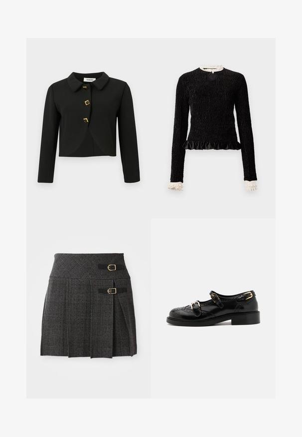 Zwarte cropped jack met een ronde kraag, vier vierkante knopen met goudaccenten en lange mouwen, gemaakt van een gladde stof.; Zwarte lange mouwen top van textuurstof, met een gerimpelde zoom en witte rimpelaccenten bij de kraag en mouwen. Bevat een centrale lus sluiting.; Grijze geruite rok met een getailleerde taille, voorzien van dubbele gesps accents en plooien. Gemaakt van textuurstof met een geweven design.; Zwarte leren schoenen met brogue-details, voorzien van twee gespsluitingen, een ronde neus en een lage hak. Glad oppervlak met een glanzende afwerking.