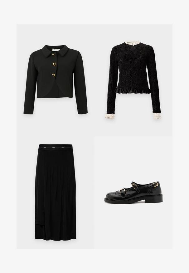 Must must jacket ümmarguste kaelustega, nelja ruudukujulise nupuga kuldsete aksentidega ja pikkade varrukatega, valmistatud siledast kangast.; Must mustriga mustega, tekstuuriga kanga, volangäärtega ja valgete volangakinnitustega kaeluses ja varrukates. Omab keskel aasakinnitust.; Mustmustri mustrist, millel on voldid, sile tekstuur ja lai vöökoht, millel on tagasihoidlik brändi logo. Lihtne disain ja põrandani ulatuv lõige.; Mustal nahast kingad brogue-tekstiiliga, millel on kaks pandla rihma, ümar varvas ja madal konts. Sujuv tekstuur ja läikiv viimistlus.