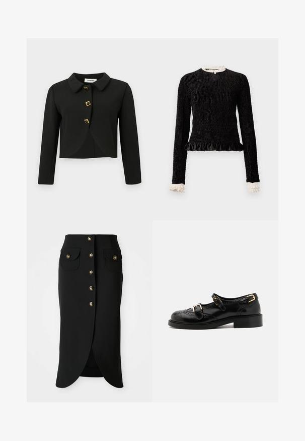Chaqueta corta negra con un collar redondeado, cuatro botones cuadrados con acentos dorados y mangas largas, confeccionada en una tela suave.; Top negro de manga larga con tejido texturizado, dobladillo con volantes y acentos de volantes blancos en el cuello y los puños. Presenta un cierre central en forma de lazo.; Falda negra hasta la rodilla hecha de un tejido suave, con un cierre frontal de botones, dos bolsillos laterales y una alta abertura en la parte posterior. Acentos de botones dorados.; Zapatos de cuero negro con detalles de brogue, que presentan dos correas con hebillas, una puntera redondeada y un tacón bajo. Textura suave con un acabado brillante.