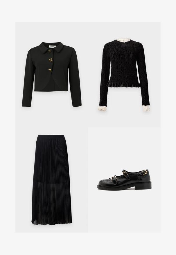 Melnā lietotā jakas ar noapaļotu apkakli, četriem kvadrātveida pogām ar zeltītām akcentiem un gariem piedurknēm, izgatavota no gludas auduma.; Melnas garām piedurknēm blūze ar teksturētu audumu, viļņotu apakšmalu un baltajiem viļņotajiem akcentiem apkaklē un piedurkņu galos. Iekļauj centrālo aplokšņu aizdari.; Melnas plisētās midi svārki ar gludu, elastīgu jostasvietu un caurspīdīgu pārklājumu, ar smalkām vertikālām plisēm visā audumā.; Melnas ādas kurpes ar brogue detaļām, ar diviem sprādžu siksnām, noapaļotu purngalu un zemu papēdi. Gluda tekstūra ar spīdīgu apdari.