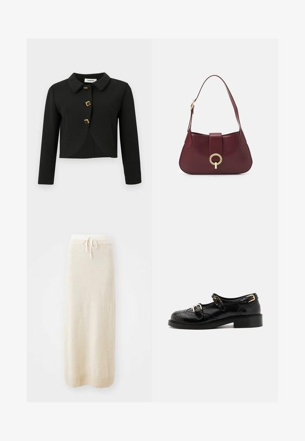 Čierna skrátená bunda s okrúhlym golierom, štyrmi štvorcovými gombíkmi so zlatými akcentmi a dlhými rukávmi, vyrobená z hladkej tkaniny.; Čierny dlhý rukáv top s textúrovanou tkaninou, riaseným lemom a bielymi riasenými akcentmi na golieri a manžetách. Obsahuje centrálny uzáver na slučku.; Pletená midi sukňa v krémovej farbe s pásom na šnúrku a rebrovaným lemom. Hladká textúra s rovnou siluetou, vhodná na každodenné nosenie.; Čierne kožené topánky s brogue detailami, vybavené dvoma prackami, zaoblenou špičkou a nízkym podpätkom. Hladká textúra s lesklým povrchom.; Burgundská kožená kabelka s oblým tvarom, zlatým kruhovým kovovým detailom a jedným ramenným popruhom. Hladký povrch, minimalistický dizajn.