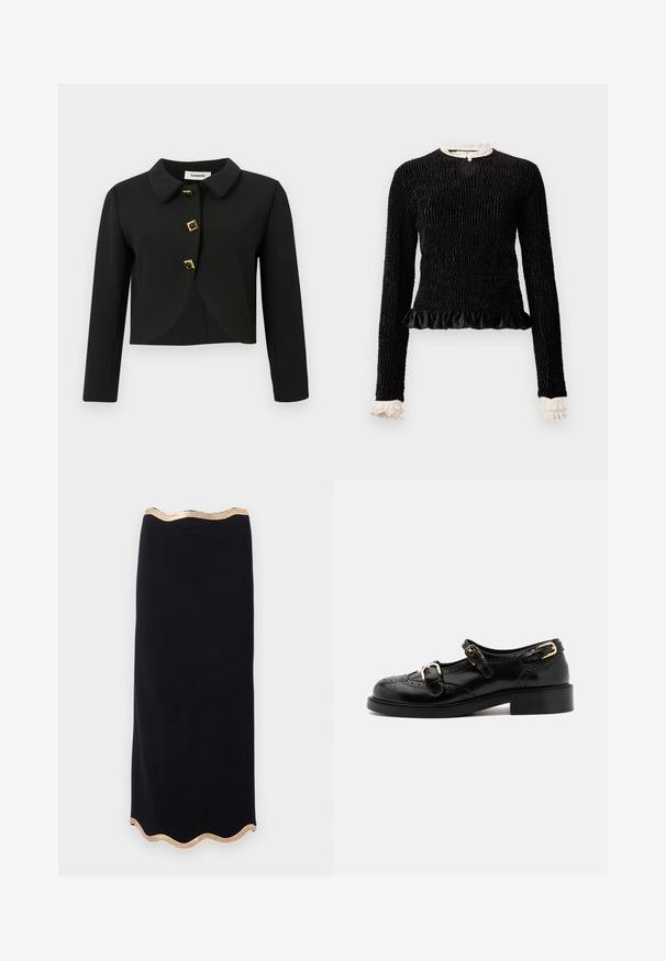 Fekete, cropped dzseki lekerekített gallérral, négy négyzet alakú arany kiegészítőkkel ellátott gombbal és hosszú ujjal, sima anyagból készült.; Fekete, hosszú ujjú blúz struktúrált anyagból, fodros aljjal és fehér fodros díszítéssel a galléron és a mandzsettákon. Középen hurokkal záródik.; Fekete ceruzaszoknya hullámos szegéllyel, arany fémes szállal díszítve. Simas texture, testhezálló fazon, térd alá érő hossz.; Fekete bőrcipők brogue díszítéssel, két csattal, lekerekített orral és alacsony sarokkal. Simább felület fényes kivitelben.