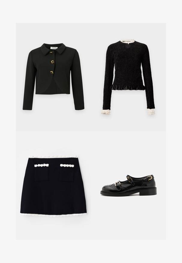 Fekete, cropped dzseki lekerekített gallérral, négy négyzet alakú arany kiegészítőkkel ellátott gombbal és hosszú ujjal, sima anyagból készült.; Fekete, hosszú ujjú blúz struktúrált anyagból, fodros aljjal és fehér fodros díszítéssel a galléron és a mandzsettákon. Középen hurokkal záródik.; Fekete szoknya fehér csipkeborítással az alsó szegélyén, két elülső zsebbel, melyek csipkeborítással díszítettek. Simai textúra, A-vonalú fazon.; Fekete bőrcipők brogue díszítéssel, két csattal, lekerekített orral és alacsony sarokkal. Simább felület fényes kivitelben.
