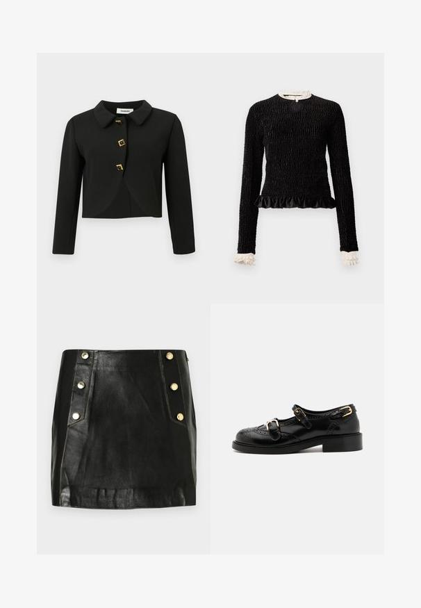 Czarna krótka kurtka z okrągłym kołnierzem, czterema kwadratowymi guzikami z złotymi akcentami oraz długimi rękawami, wykonana z gładkiego materiału.; Czarny top z długim rękawem, z teksturowanej tkaniny, z falbaną na dolnym brzegu oraz białymi falbankami przy kołnierzyku i mankietach. Posiada centralne zapięcie na pętelkę.; Czarna skórzana mini spódnica o dopasowanym fasonie, z złocistymi guzikami po jednej stronie i wyraźnymi detalami przeszycia. Gładka tekstura.; Czarne skórzane buty z detalami brogu, z dwoma klamrami, okrągłym noskiem i niskim obcasem. Gładka tekstura z błyszczącym wykończeniem.