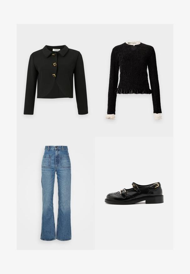 Black cropped jacket with a rounded collar, four square buttons with gold accents, and long sleeves, made from a smooth fabric.; Black long-sleeve top with textured fabric, ruffled hem, and white ruffle accents at the collar and cuffs. Features a central looped closure.; High-waisted blue denim jeans with a flared leg, two front pockets, and two back pockets; textured fabric with a faded wash.; Black leather shoes with brogue detailing, featuring two buckle straps, a rounded toe, and a low heel. Smooth texture with shiny finish.