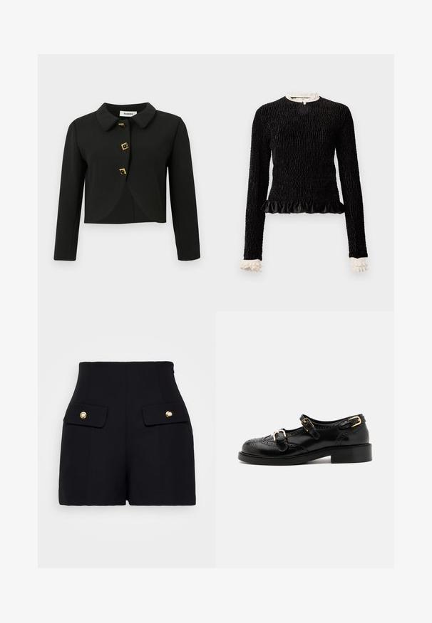 Zwarte cropped jack met een ronde kraag, vier vierkante knopen met goudaccenten en lange mouwen, gemaakt van een gladde stof.; Zwarte lange mouwen top van textuurstof, met een gerimpelde zoom en witte rimpelaccenten bij de kraag en mouwen. Bevat een centrale lus sluiting.; sandro Shorts - noir; Zwarte leren schoenen met brogue-details, voorzien van twee gespsluitingen, een ronde neus en een lage hak. Glad oppervlak met een glanzende afwerking.