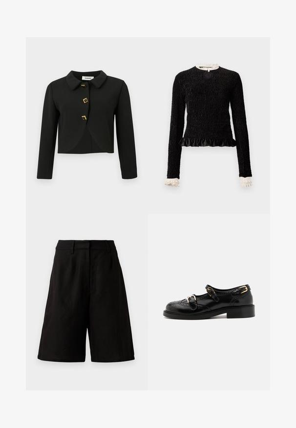 Schwarze, cropped Jacke mit rundem Kragen, vier quadratischen Knöpfen mit goldenen Akzenten und langen Ärmeln, aus einem glatten Stoff gefertigt.; Schwarzes Langarmoberteil aus strukturiertem Stoff mit gerafftem Saum und weißen Rüschendetails am Kragen und an den Ärmeln. Verfügt über einen zentralen Schlaufenverschluss.; Schwarze Shorts in lockerem Schnitt, aus leichtem Stoff mit glatter Textur. Sie verfügen über einen flachen Bund und minimale Details.; Schwarze Lederschuhe mit Broguedetails, ausgestattet mit zwei Schnallenriemen, einer abgerundeten Zehenpartie und einem flachen Absatz. Glatte Textur mit glänzendem Finish.