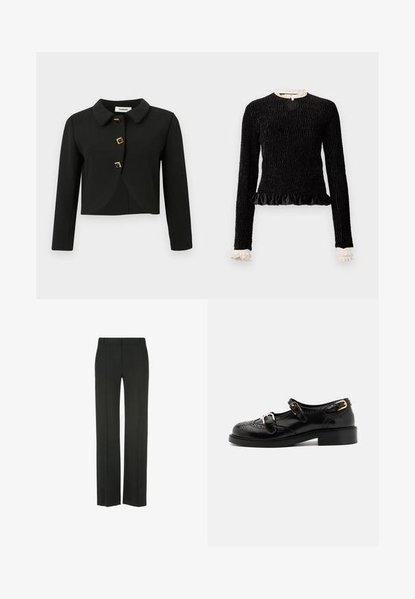 Fekete, cropped dzseki lekerekített gallérral, négy négyzet alakú arany kiegészítőkkel ellátott gombbal és hosszú ujjal, sima anyagból készült.; Fekete, hosszú ujjú blúz struktúrált anyagból, fodros aljjal és fehér fodros díszítéssel a galléron és a mandzsettákon. Középen hurokkal záródik.; Fekete, bő, sima anyagú nadrág; lapos elülső része van, hajtásvonalakkal, övhurkokkal és igényes szabással.; Fekete bőrcipők brogue díszítéssel, két csattal, lekerekített orral és alacsony sarokkal. Simább felület fényes kivitelben.