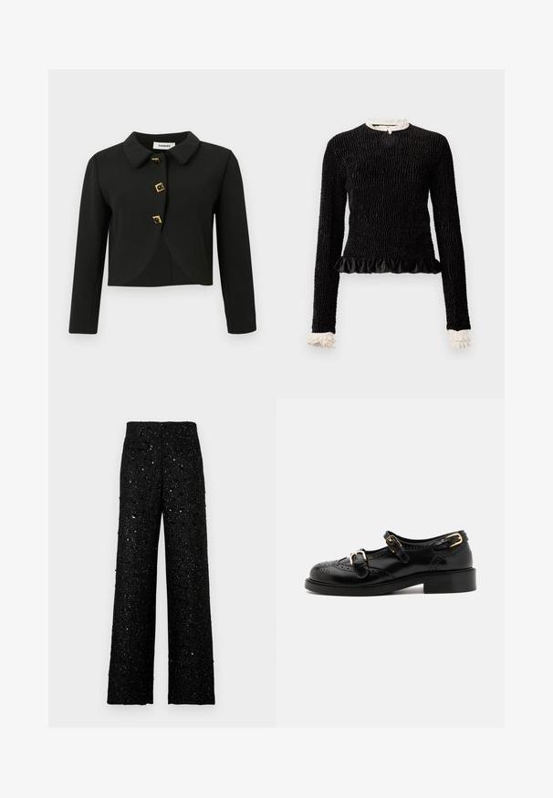 Black cropped jacket with a rounded collar, four square buttons with gold accents, and long sleeves, made from a smooth fabric.; Black long-sleeve top with textured fabric, ruffled hem, and white ruffle accents at the collar and cuffs. Features a central looped closure.; Black wide-leg pants with a textured, glittery fabric and scattered small sequins for a shimmering effect.; Black leather shoes with brogue detailing, featuring two buckle straps, a rounded toe, and a low heel. Smooth texture with shiny finish.