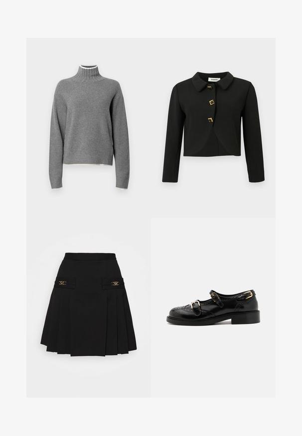 Chaqueta corta negra con un collar redondeado, cuatro botones cuadrados con acentos dorados y mangas largas, confeccionada en una tela suave.; Jersey de cuello alto gris con canalé y mangas largas. Presenta un ribete blanco en el cuello y un dobladillo ligeramente recortado. Textura suave.; Falda negra con pliegues y acentos de hardware dorado. Presenta bolsillos laterales con detalles del logotipo, fabricada en material suave. Silueta en A.; Zapatos de cuero negro con detalles de brogue, que presentan dos correas con hebillas, una puntera redondeada y un tacón bajo. Textura suave con un acabado brillante.