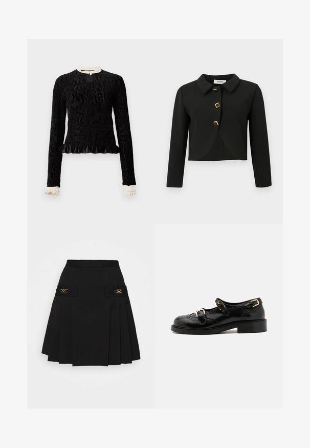 Czarna krótka kurtka z okrągłym kołnierzem, czterema kwadratowymi guzikami z złotymi akcentami oraz długimi rękawami, wykonana z gładkiego materiału.; Czarny top z długim rękawem, z teksturowanej tkaniny, z falbaną na dolnym brzegu oraz białymi falbankami przy kołnierzyku i mankietach. Posiada centralne zapięcie na pętelkę.; Czarna plisowana spódnica z złotymi akcentami. Posiada boczne kieszenie z logo, wykonana z gładkiego materiału. Sylwetka w kształcie litery A.; Czarne skórzane buty z detalami brogu, z dwoma klamrami, okrągłym noskiem i niskim obcasem. Gładka tekstura z błyszczącym wykończeniem.
