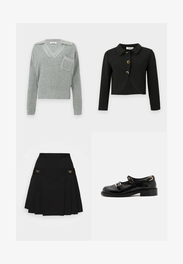 Czarna krótka kurtka z okrągłym kołnierzem, czterema kwadratowymi guzikami z złotymi akcentami oraz długimi rękawami, wykonana z gładkiego materiału.; Szary sweter dzianinowy z dekoltem w serek i kontrastowym białym wykończeniem, z kieszenią z przodu i długimi rękawami. Lekka struktura.; Czarna plisowana spódnica z złotymi akcentami. Posiada boczne kieszenie z logo, wykonana z gładkiego materiału. Sylwetka w kształcie litery A.; Czarne skórzane buty z detalami brogu, z dwoma klamrami, okrągłym noskiem i niskim obcasem. Gładka tekstura z błyszczącym wykończeniem.