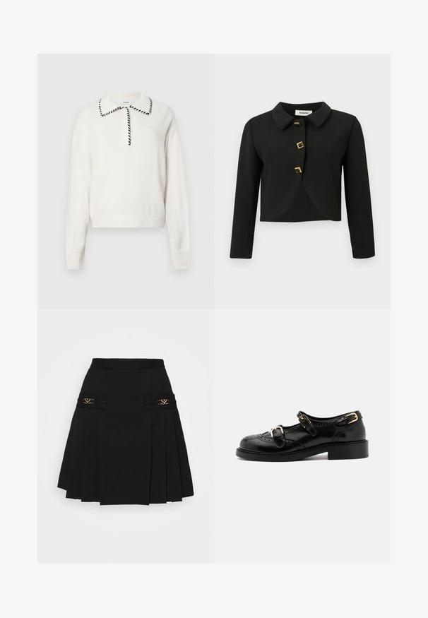 Jachetă croppată neagră cu guler rotund, patru nasturi pătrați cu accente aurii și mâneci lungi, realizată dintr-un material neted.; Pulover alb din tricot, cu guler căptușit cu negru, având o plachetă cu nasturi și manșete și tivuri cu nervuri pentru un aspect ajustat.; Fustă plisată neagră cu accente din metal aurit. Prezintă buzunare laterale cu detalii ale logo-ului, realizată dintr-un material neted. Siluetă în formă de A.; Pantofi din piele neagră cu detalii brogue, având două curele cu cataramă, vârf rotund și toc jos. Textură netedă cu finisaj lucios.