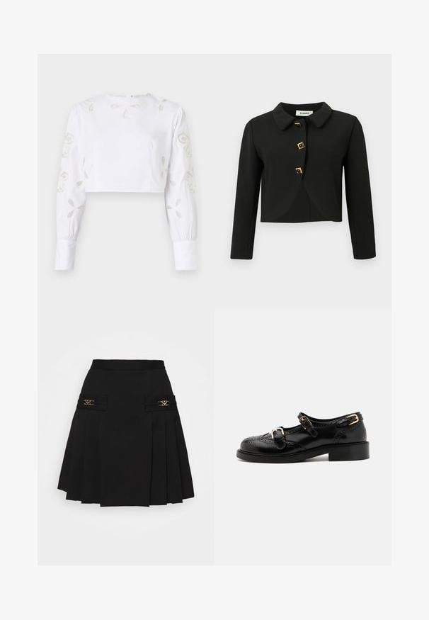 Jachetă croppată neagră cu guler rotund, patru nasturi pătrați cu accente aurii și mâneci lungi, realizată dintr-un material neted.; Bluză albă scurtă cu mâneci lungi, prezentând modele florale brodate decorative în fir bej subtil. Textura materialului este netedă.; Fustă plisată neagră cu accente din metal aurit. Prezintă buzunare laterale cu detalii ale logo-ului, realizată dintr-un material neted. Siluetă în formă de A.; Pantofi din piele neagră cu detalii brogue, având două curele cu cataramă, vârf rotund și toc jos. Textură netedă cu finisaj lucios.