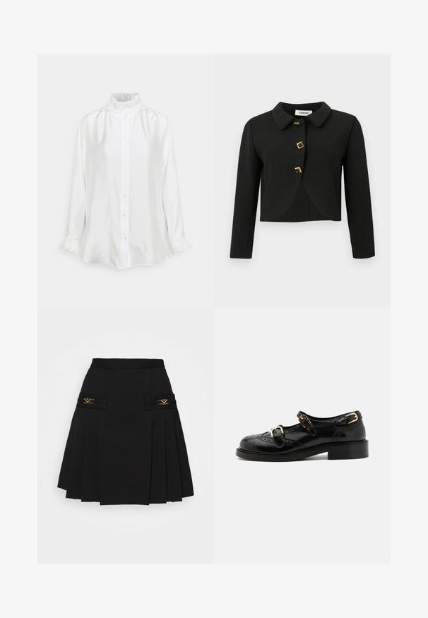 Musta lyhythihainen takki pyöreällä kauluksella, neljällä neliöpainikkeella, joissa on kultaiset yksityiskohdat, ja pitkät hihat, valmistettu sileästä kankaasta.; Valkoinen satiinipaita, jossa on korkea röyhelökaulus, pitkät hihat, joissa on röyhelölahkeet, ja napitus edessä. Sujuva tekstuuri ja rento istuvuus.; Musta laskostettu hame kullansävyisillä yksityiskohdilla. Sivutaskut logotiedoilla, valmistettu sileästä materiaalista. A-linjainen siluetti.; Musta nahkakengät brogue-yksityiskohdilla, joissa on kaksi solkea, pyöristetty kärki ja matala korko. Sileä pinta kiiltävällä viimeistelyllä.